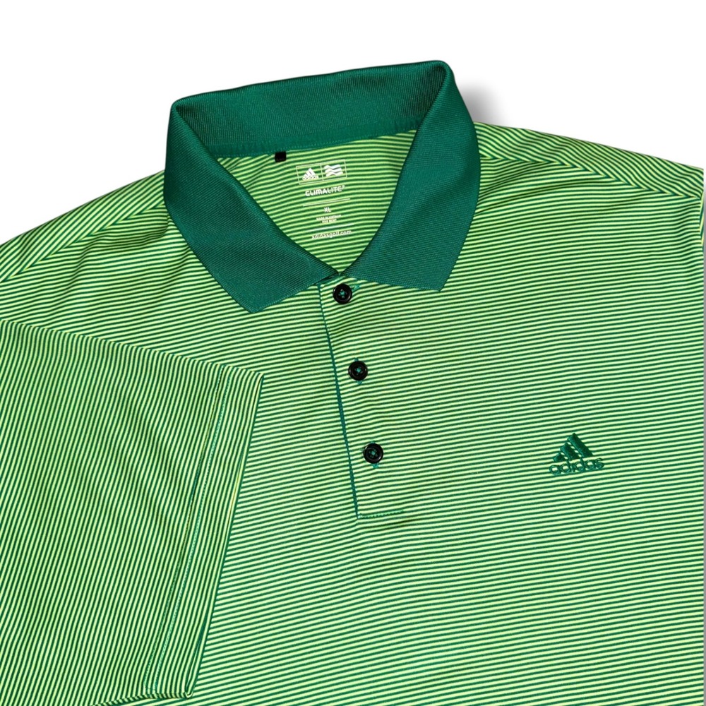 Adidas Polo Shirt Men XL Green Micro Stripe Climalite Short Sleeve Golf Top